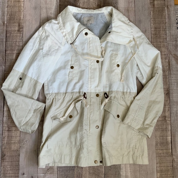LOFT Anorak Jacket Neutral Linen Cotton Colorblock Drawstring Waist SZ XS (S) - Picture 8 of 13